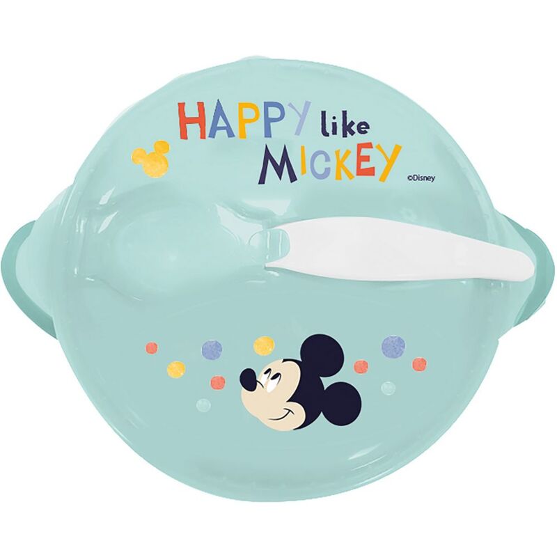 foto del prodotto ciotola antiscivolo con coperchio e cucchiaio mickey mouse in plastica alimentare per bambini piccoli, adatta al microonde e riutilizzabile.