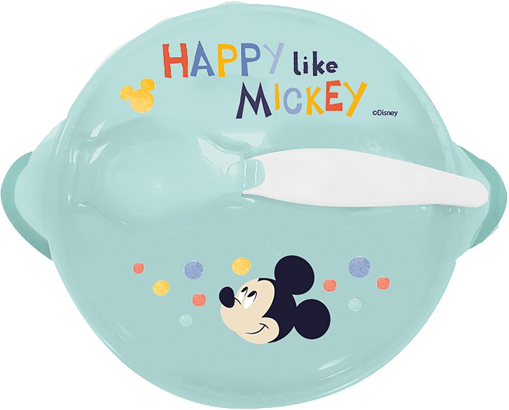 foto del prodotto ciotola antiscivolo con coperchio e cucchiaio mickey per bambini.
