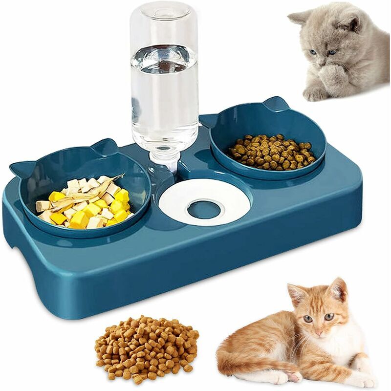 foto del prodotto ciotola doppia rialzata per cani e gatti, distributori automatici di acqua e cibo per animali domestici 3 in 1, inclinata a 15 ciotola doppia per