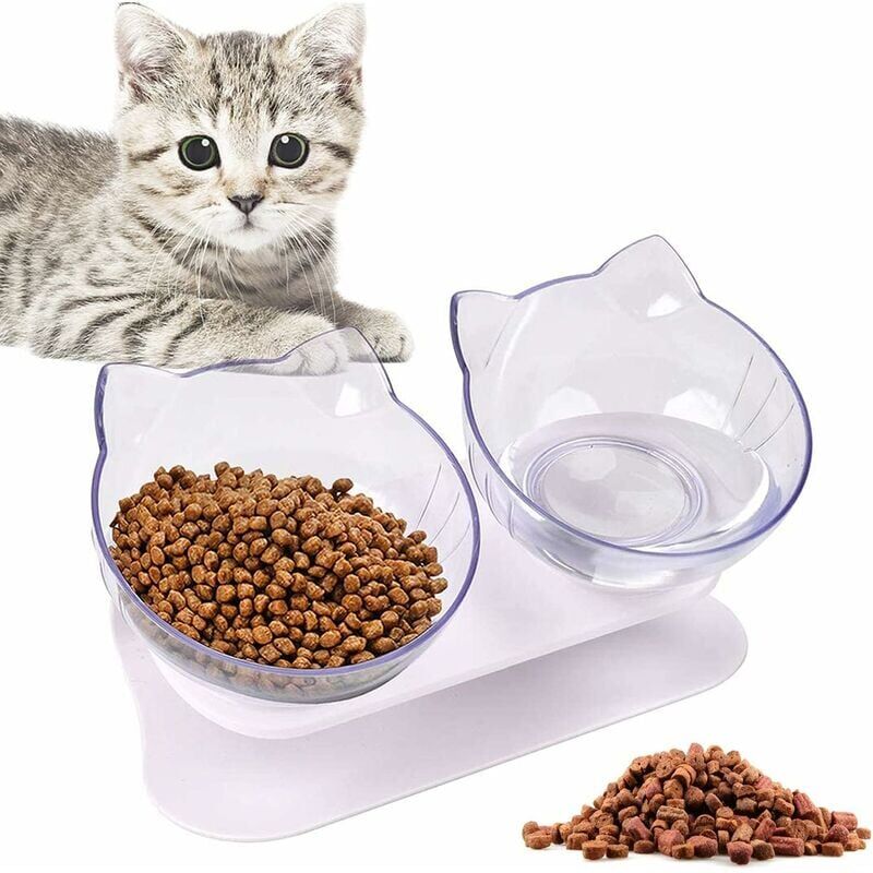 foto del prodotto ciotola per gatti, ciotola doppia per gatti, supporto inclinabile di 15°, antiscivolo, per ridurre il dolore al collo degli animali domestici, per gatti e cani (trasparente)