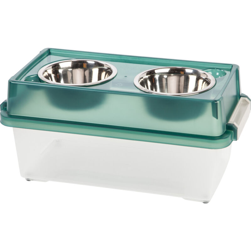 foto del prodotto ciotola rialzata con supporto in scatola di plastica, 18l verde, mangiatoia rialzata per cane, gatto, con doppia ciotola, acqua, cibo, clip, solida,