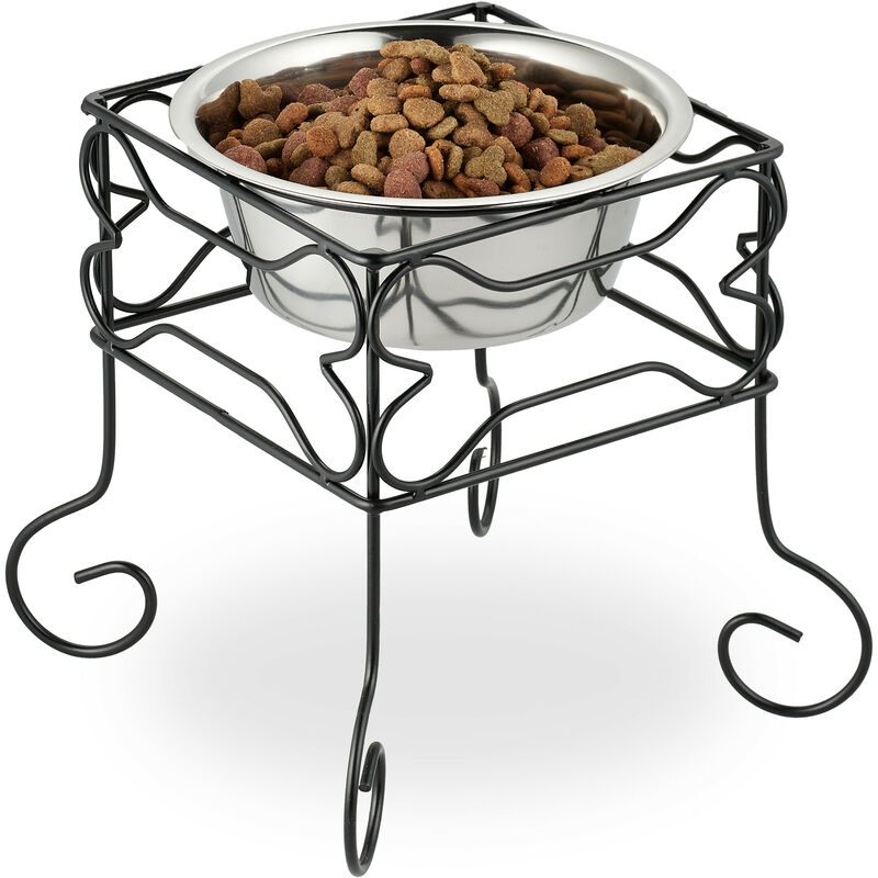 foto del prodotto ciotola rialzata per cani, alzatina con scodella, 1,5 l, ferro e acciaio inox, 26 x 26 x 26 cm, nero argento relaxdays