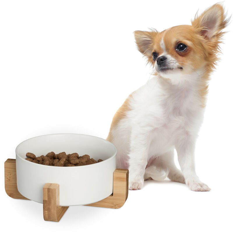foto del prodotto ciotola rialzata per cani, alzatina in bamb con scodella in ceramica cibo o acqua, 850 ml, 9x20x20 cm bianco relaxdays