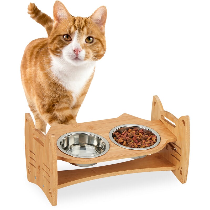 foto del prodotto ciotole rialzate in bamb , 2 scodelle per gatti e cani piccoli, 18 x 36 x 21 cm, marrone chiaro argentato relaxdays