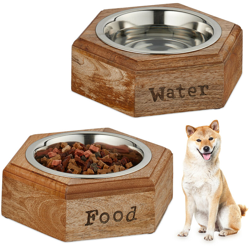 foto del prodotto ciotole rialzate per cani, alzatina scodelle 1 l, supporto rialzato legno, 7,5x23,5x21 cm, naturale argento relaxdays