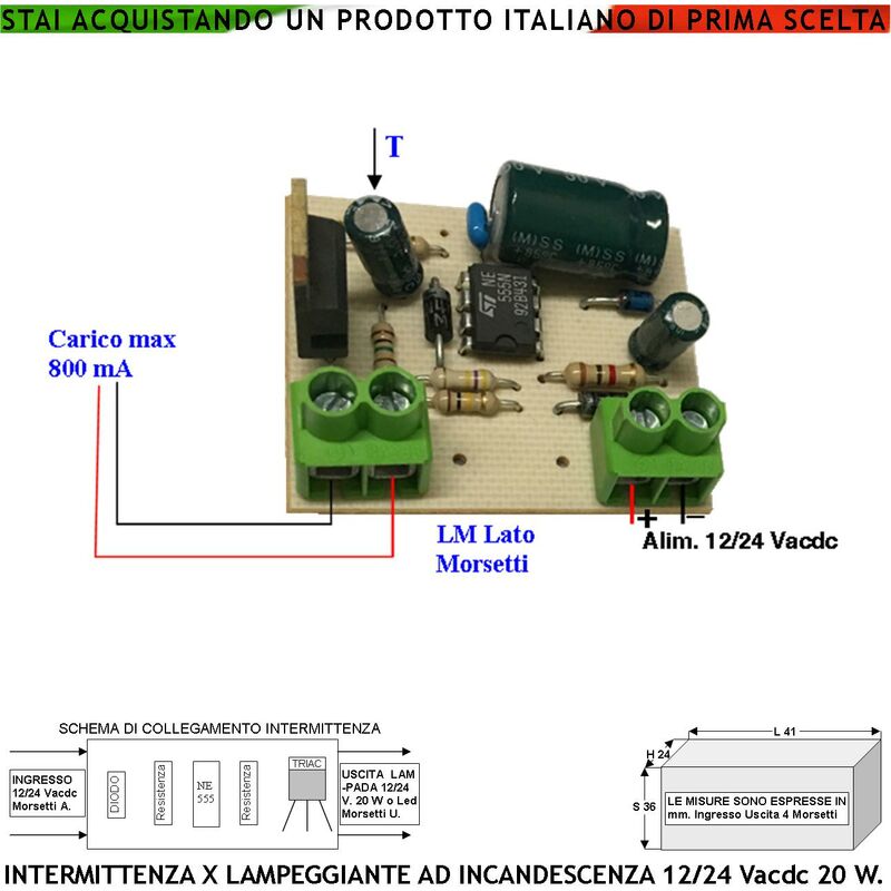 foto del prodotto circuito intermittente 12 24 vacdc ricambio lampeggiatore universale di faro lampeggi o cicli al minuto variare il valore del condensatore per
