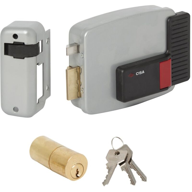 foto del prodotto cisa 111611802, serratura elettrica da applicare, 12v, verniciato grigio alluminio, entrata 80, mano sinistra, cilindro a tubo