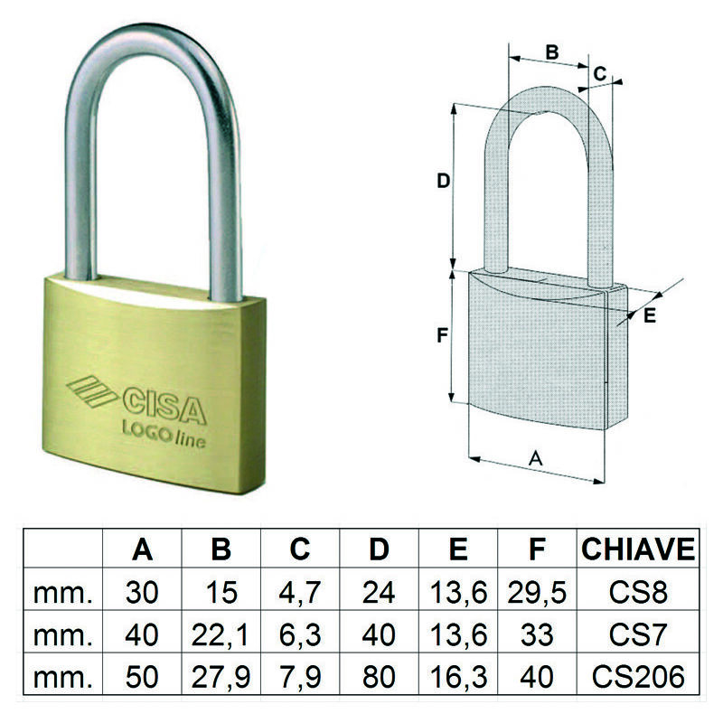 foto del prodotto cisa lucchetto logo ottone arco lungo 21011 mm.40 art.21011400 