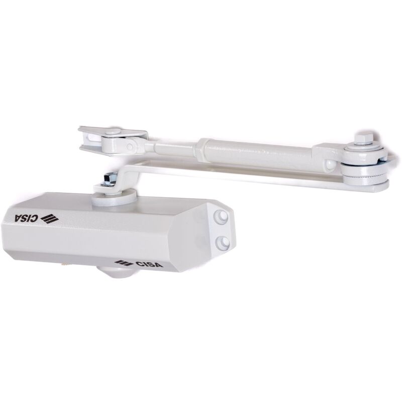 foto del prodotto cisa serie 604 chiudiporta a cremagliera con arresto 16046103045 chiudiporta con velocit di chiusura regolabile finitura bianco per porte