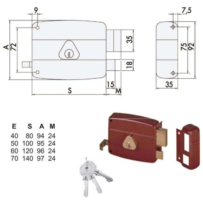 foto del prodotto cisa - serratura da applicare per portoni e infissi in legno 50121 - entrata 50 mm