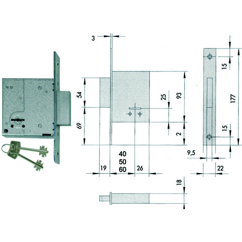 foto del prodotto cisa serratura da infilare doppia mappa 57223 mm.45 piastra mm.22x175h. 57223450 
