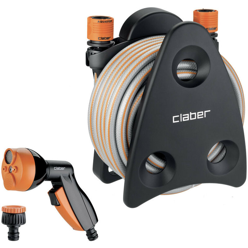 foto del prodotto claber mini set balcony, portatubo accessoriato appendibile con tubo 10m e pistola multifunzione