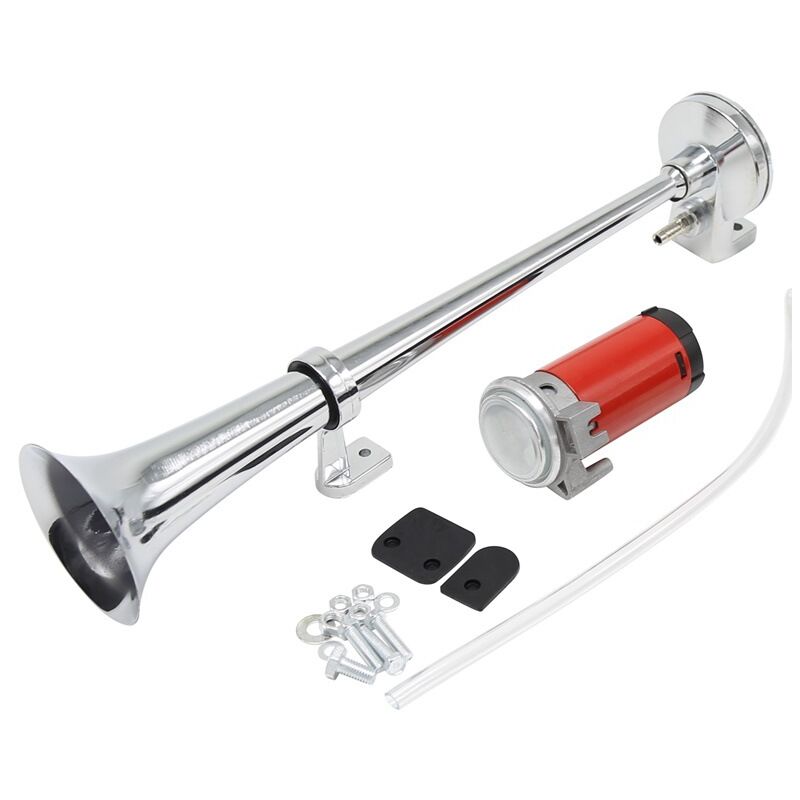 foto del prodotto clacson per camion 12v tubo di zinco bianco 450mm di lunghezza clacson per trattore a tromba 150db altoparlante 12v per autocarri moto e suv argento 