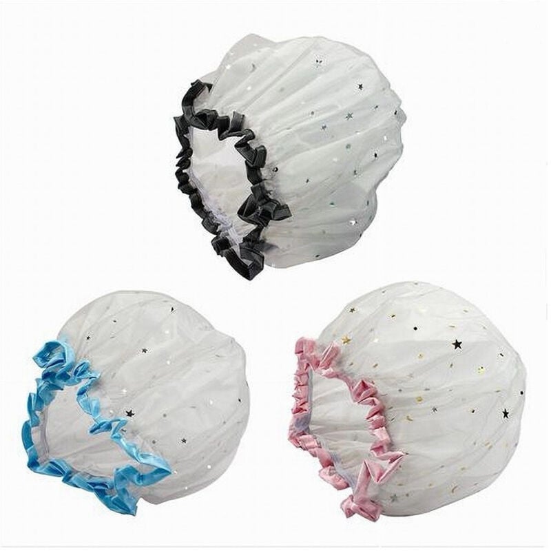 foto del prodotto cleafe set 2 pz cuffia per doccia bagno elastico bordino stelle protegge capelli 59708 