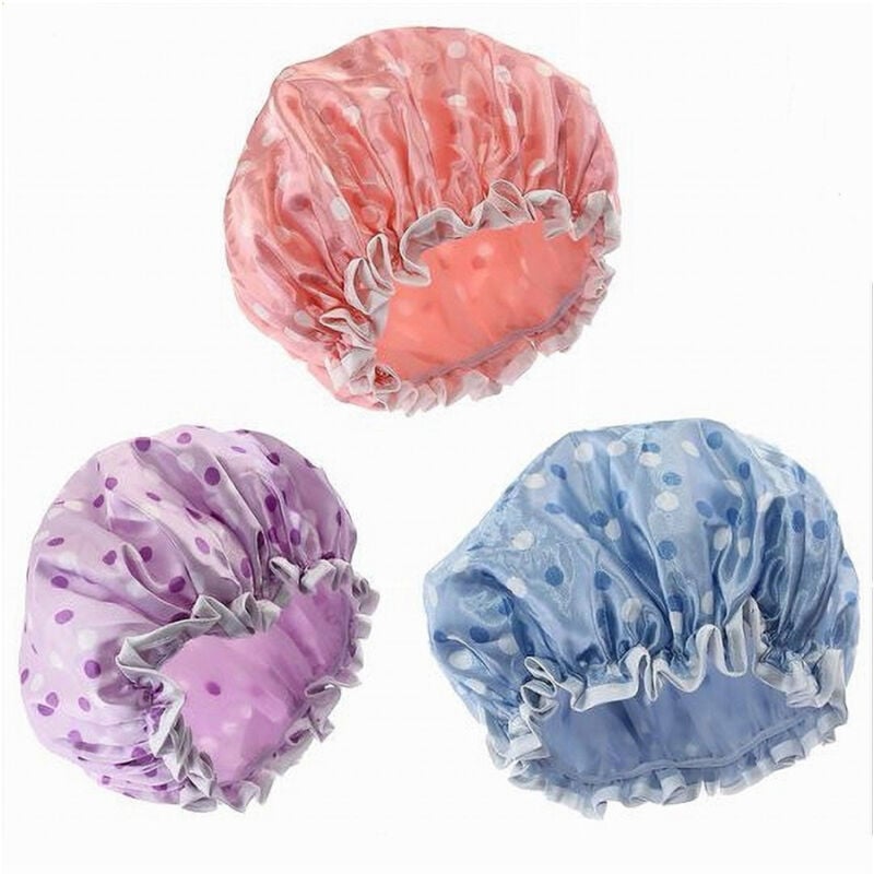 foto del prodotto cleafe set 2pz cuffia doccia bagno colorata pois lucida elastico protegge capelli 87179 
