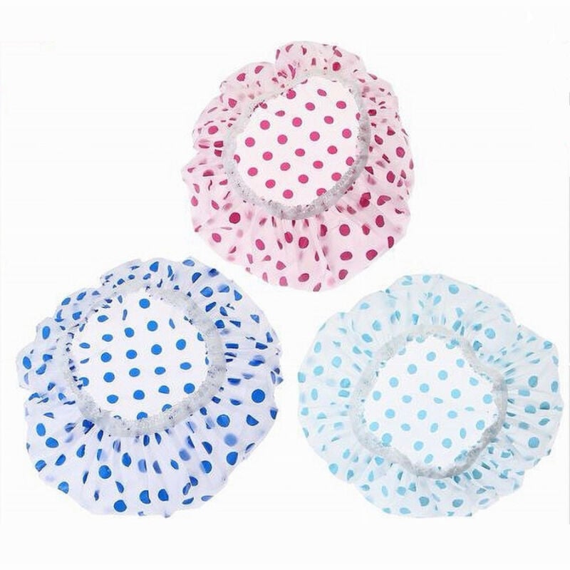 foto del prodotto cleafe set 3pz cuffia per doccia bagno elastico con pois colorati protegge capelli 87177 