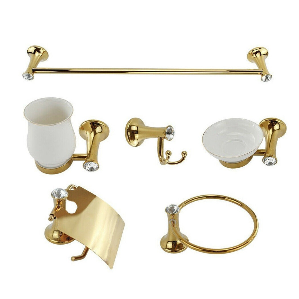 foto del prodotto cleafe set 6 pz accessori bagno in oro e ceramica con punti luce cristalli in acrilico 