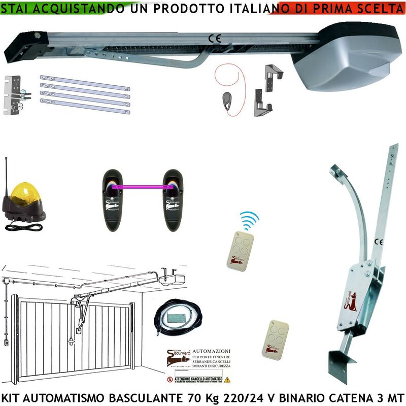 foto del prodotto cler basculante 70 kg kit automatismo motore 220 24 v da soffitto faro antenna binario alluminio catena acciaio 3 metri cordino per sblocco pattino 2