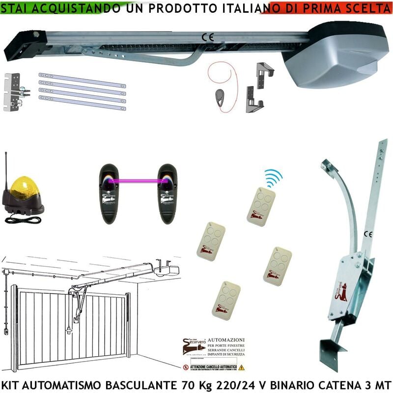 foto del prodotto cler basculante 70 kg kit automazione motore 220 24 v da soffitto faro antenna 4 radiocomandi fotocellule archetto oscillante binario alluminio