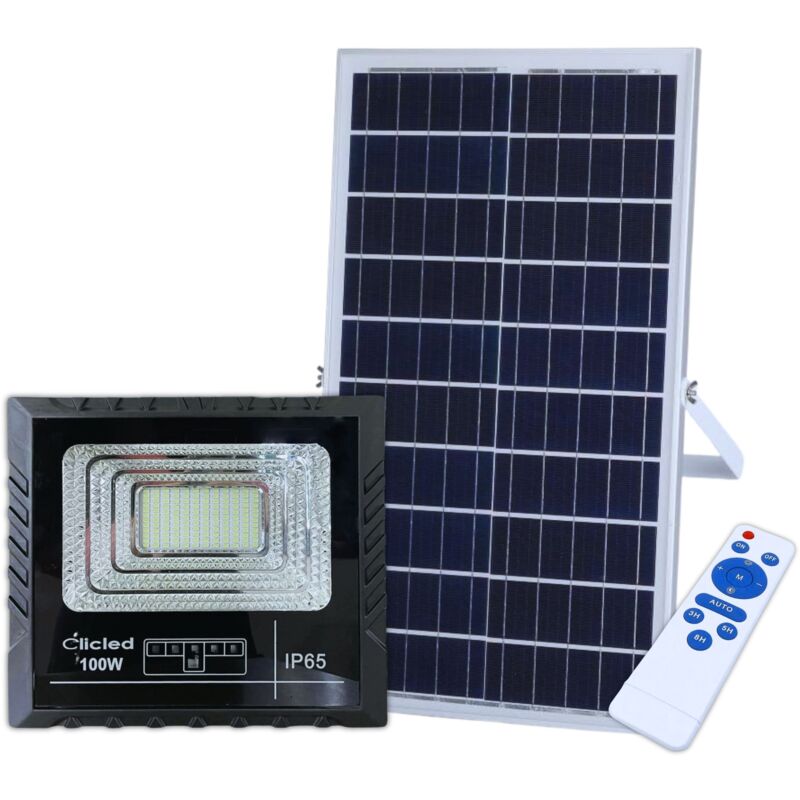 foto del prodotto clicled faro led solare 100w con pannello solare indicatore carica luce fredda