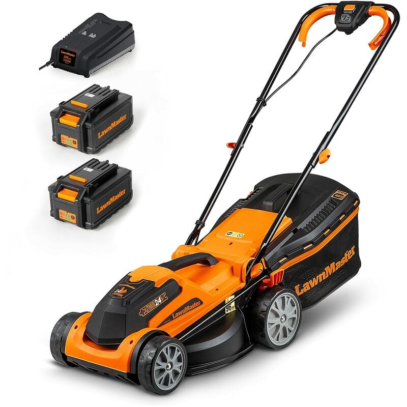 foto del prodotto clmf2434g tagliaerba senza filo 24v max 2x4.0ah batteria, 34cm fino a 300m , altezza di taglio a 6 livelli 20 70mm, capacit di raccolta 32l