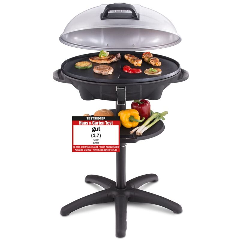 foto del prodotto cloer 6789 barbecue elettrico, barbecue da tavolo utilizzabile con piedistallo, termometro integrato, rivestimento antiaderente, 2400 w, barbecue