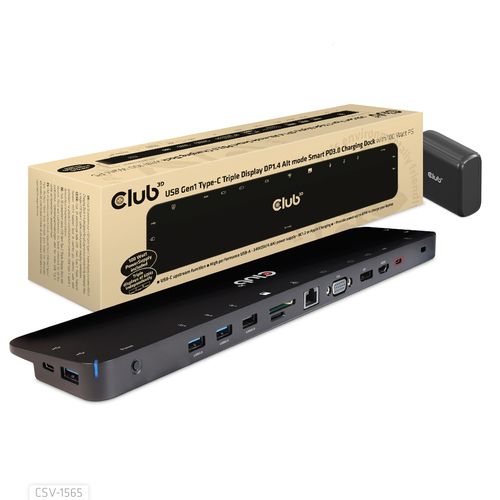 foto del prodotto club3d usb gen1 type c triple display dp1.4 alt mode smart pd3.0 charging dock with 100 watt power supply