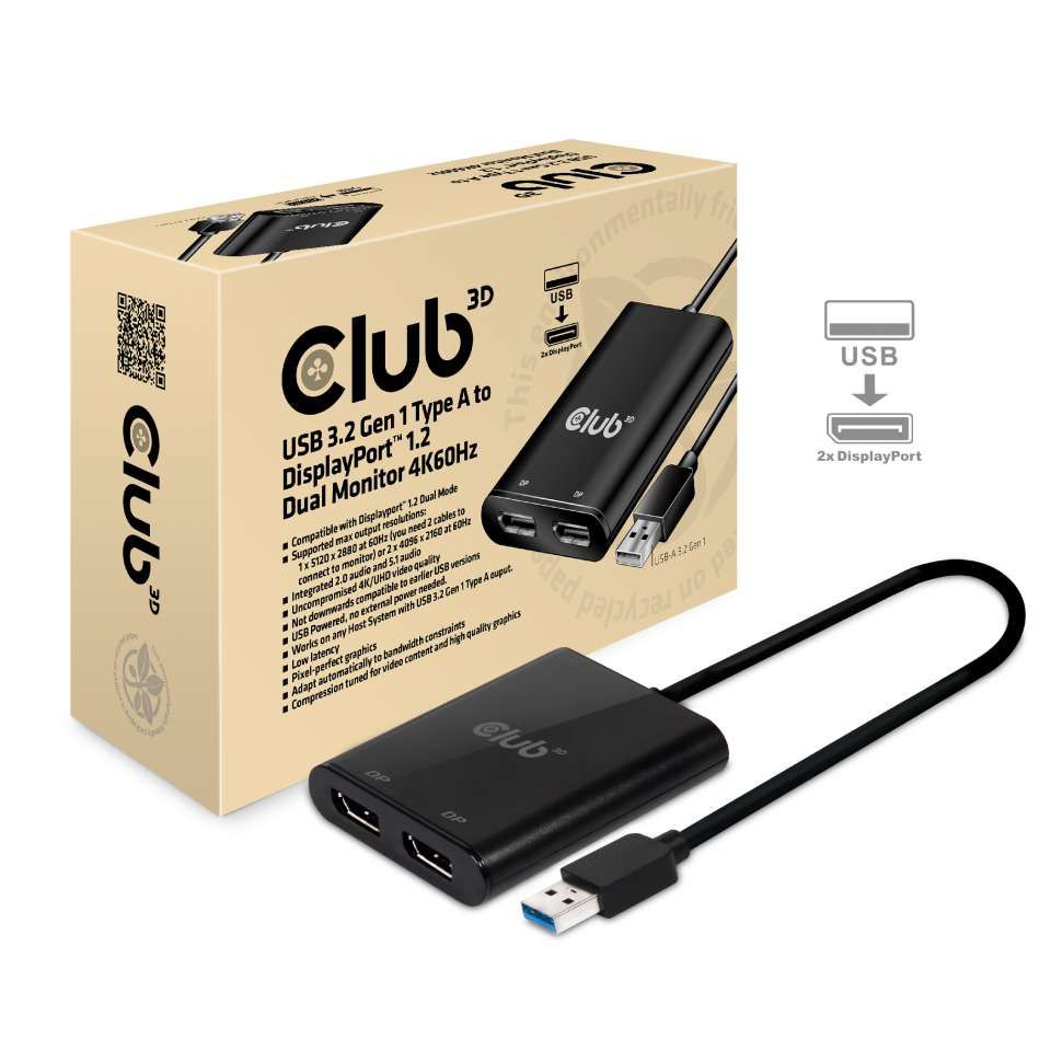 foto del prodotto club3d usb3.2 gen1 type a to displayport 1.2 dual monitor 4k60hz video splitter