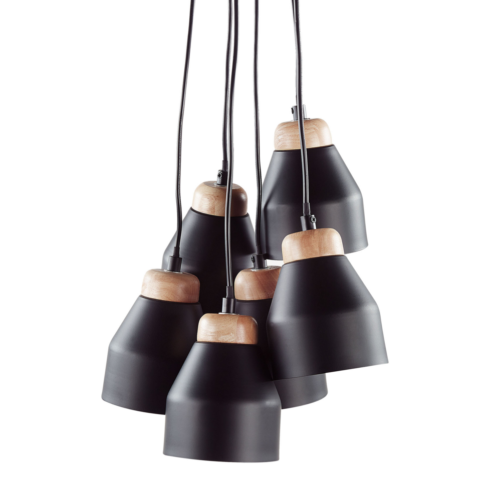 foto del prodotto cluster lampada a sospensione metallo nero e legno chiaro 6 luci forma campana moderna