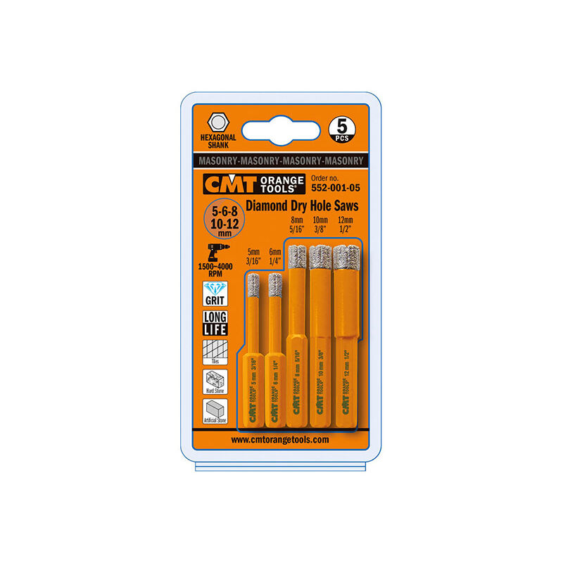 foto del prodotto cmt 552 001 05 set 5 pz con 5 punte dia x gres s esag d 5 6 8 10 12mm dx