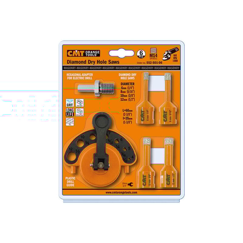 foto del prodotto cmt 552 501 06 set 6 pz con 4 punte dia x gres s m14 d 6 8 10 12mm dx 2acc