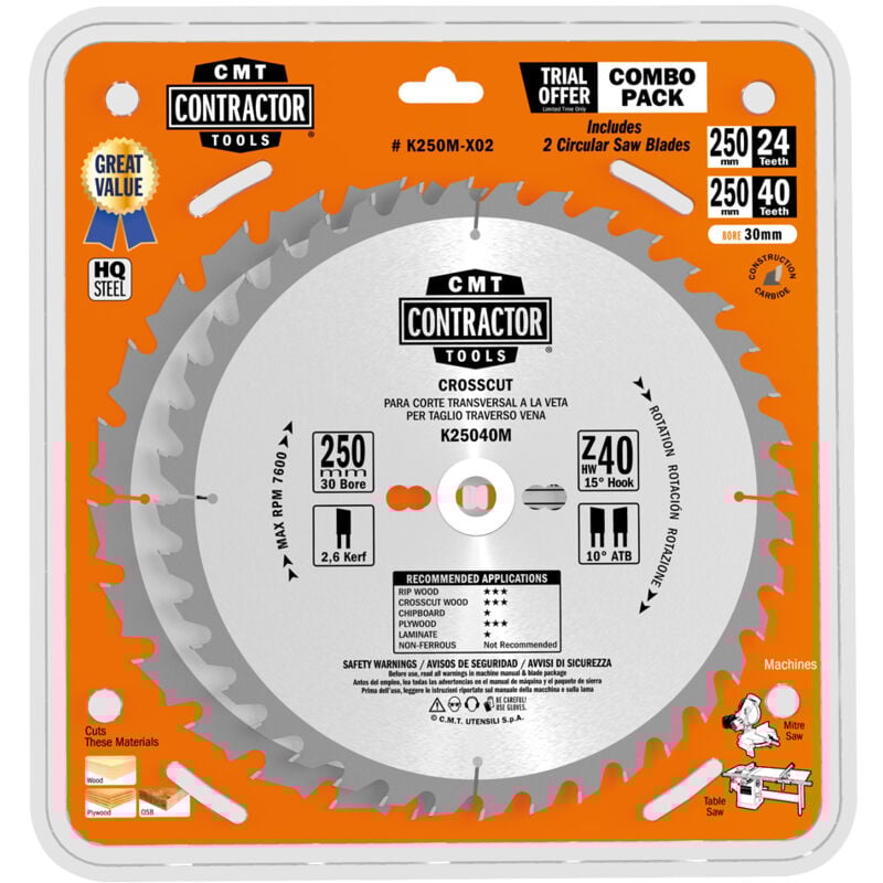 foto del prodotto cmt k250m x02 2 pcs itk contractors hw 250x2.6 1.8x30 z24 z40 atb