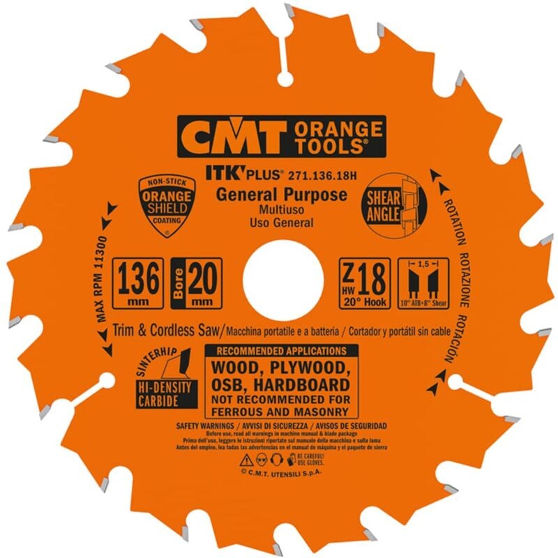 foto del prodotto cmt orange tools 271.136.18h sega circolare ultra itk, 136 x 1.5 x 20 18 denti , arancio