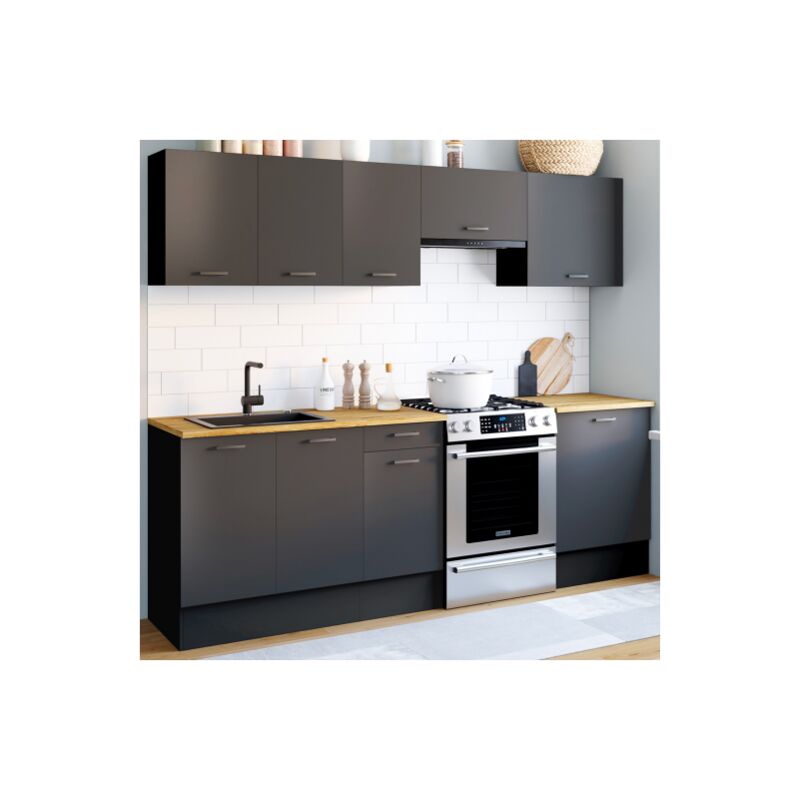 foto del prodotto cocina completa subtil 240 cm con encimera negra de 7 elementos y tapa de madera