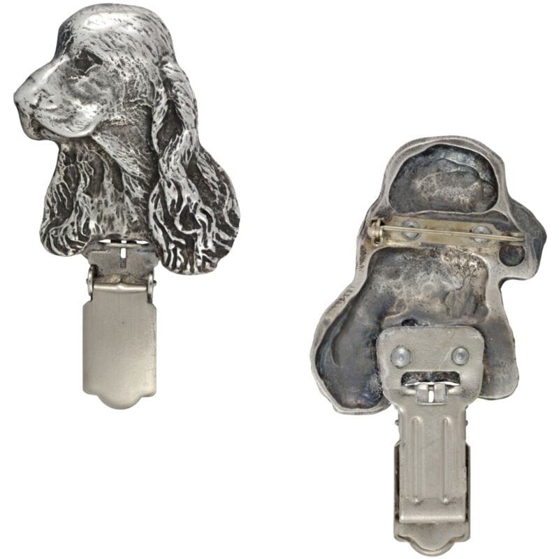 foto del prodotto cocker spaniel inglese spilla con clip, porta numero di partenza, distintivo argentato per esposizione canina di art dog