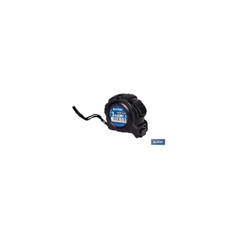 foto del prodotto cofan flessometro biadesivo a lama nera con pulsante di bloccaggio e custodia antiurto 5m x 19mm in abs e metallo