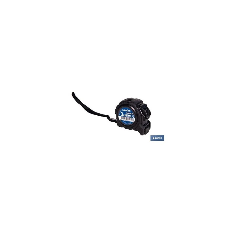 foto del prodotto cofan metro a nastro biadesivo a lama nera con pulsante di bloccaggio e custodia antiurto 3m x 16mm in abs e metallo