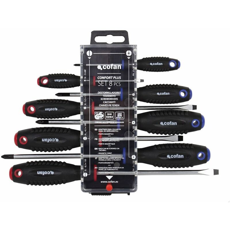 foto del prodotto cofan set da 4 cacciaviti a taglio e 4 cacciaviti phillips modello confort plus custodia speciale con gancio ph0,1,2,3 sl4,6.5,8 