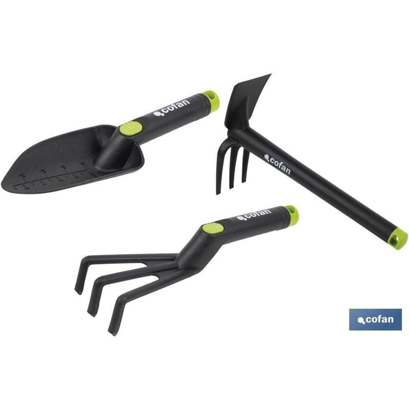 foto del prodotto cofan - set di 3 attrezzi da giardinaggio include trapiantatrice, rastrello e paletta