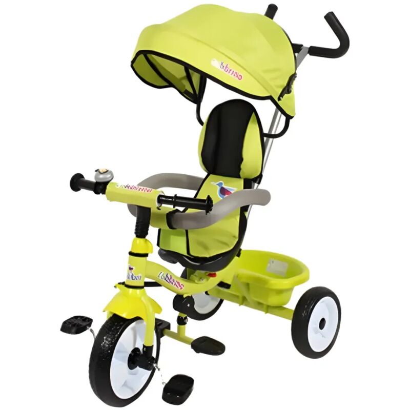 foto del prodotto colibri triciclo verde per bambini con maniglione cappottina e seduta 360 