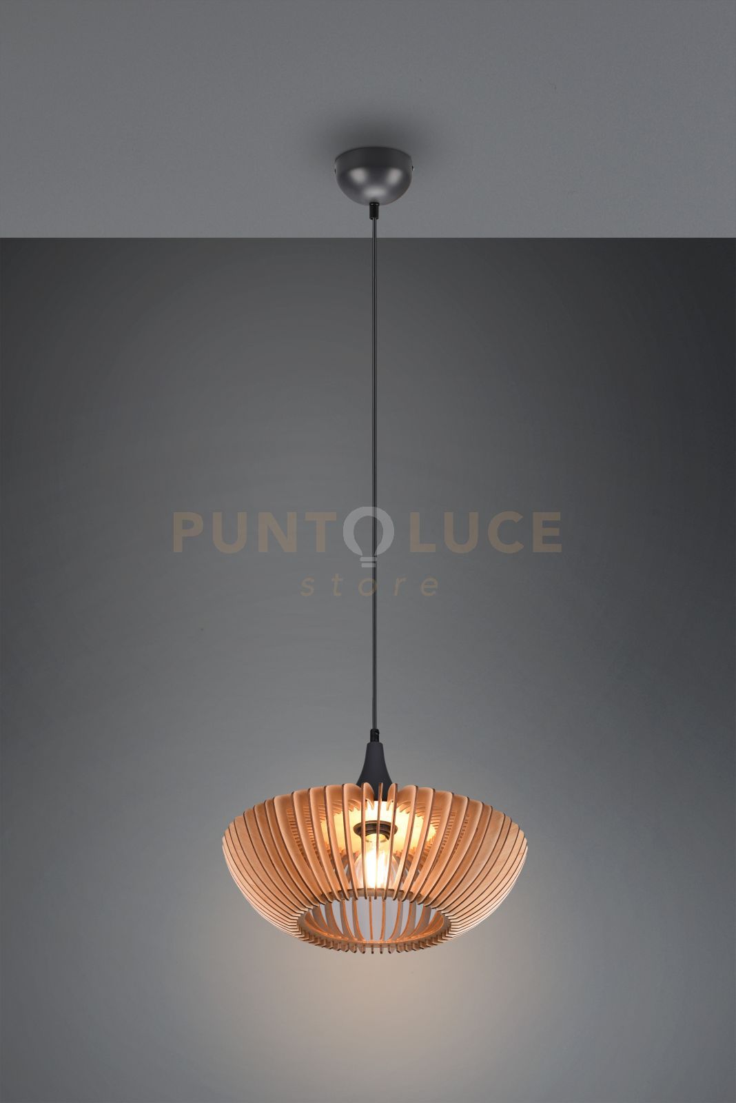 foto del prodotto colino sospensione legno naturale e metallo antracite d. 40cm 1 luce attacco e27