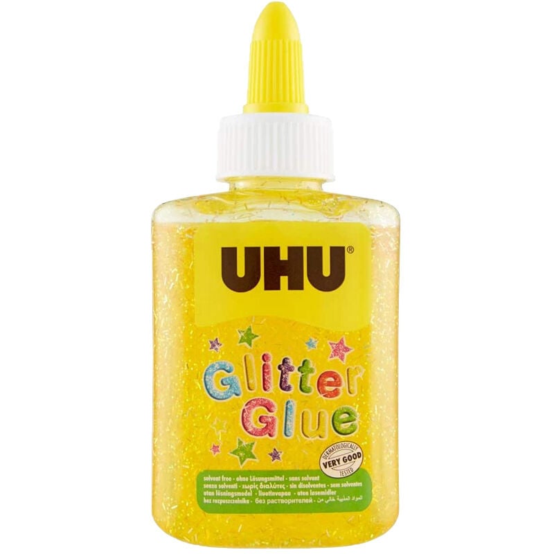 foto del prodotto colla gialla per decorazioni glitter glue uhu 88,5 ml