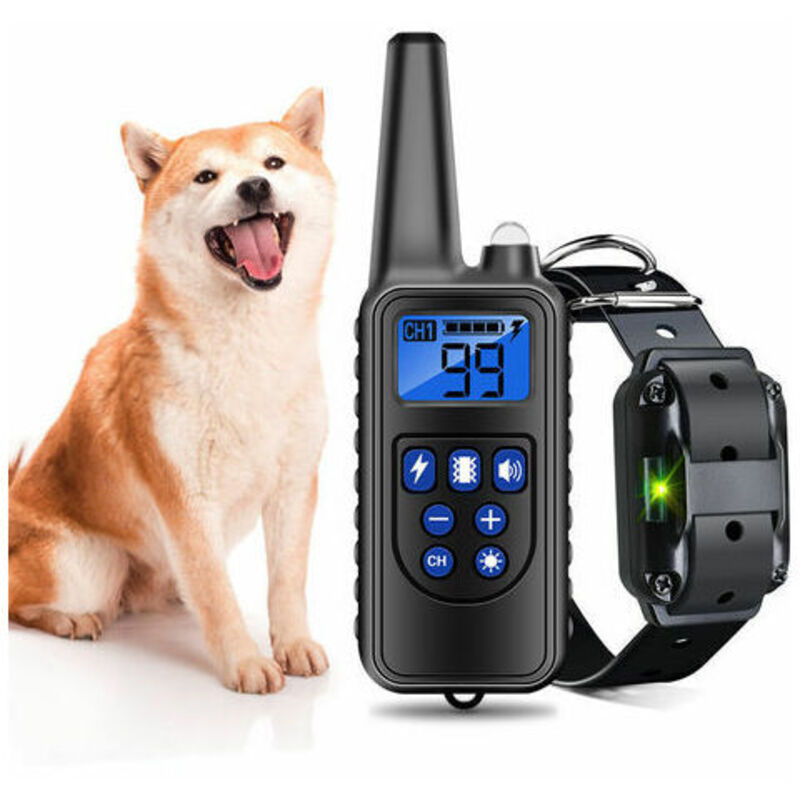foto del prodotto collare di addestramento per cani ricaricabile e impermeabile con distanza di 800 m, scossa elettrica, suono nero a