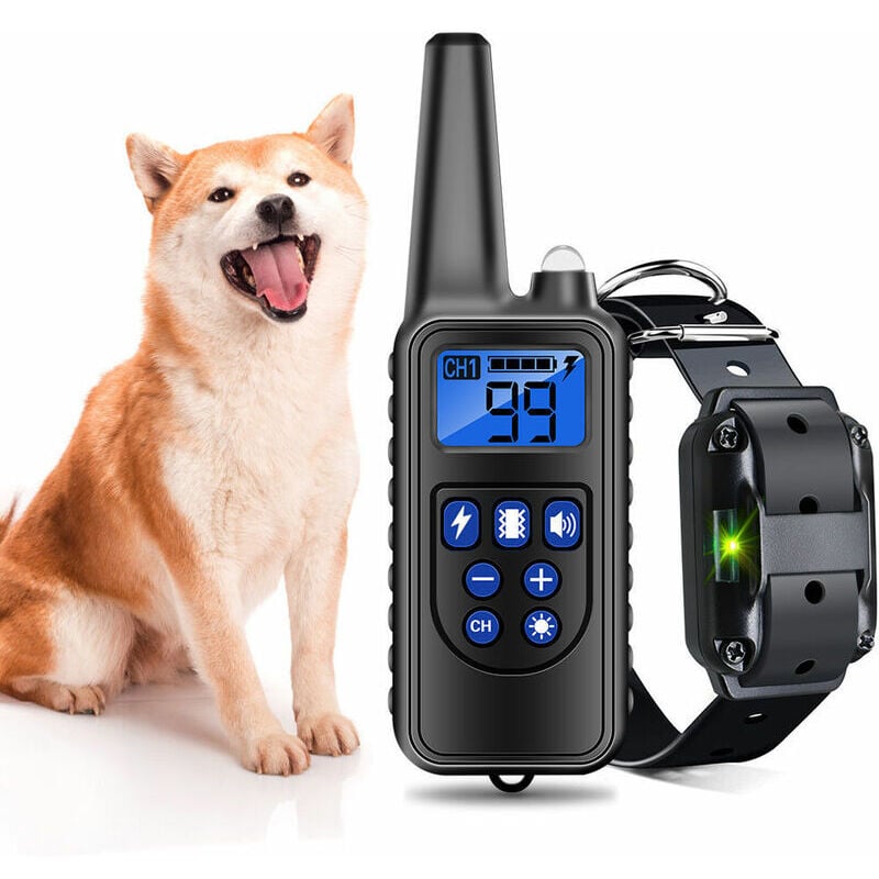 foto del prodotto collare di addestramento per cani ricaricabile e impermeabile con distanza di 800 m, scossa elettrica, suono nero a fdc