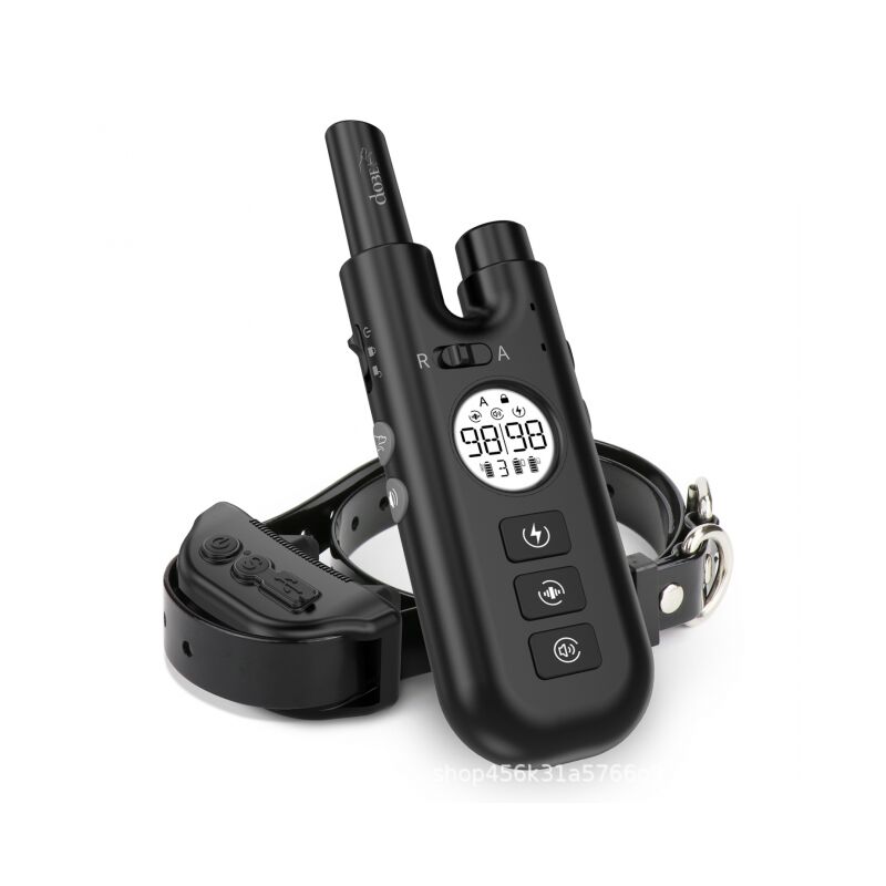 foto del prodotto collare elettrico nero per addestratore di cani con display lcd e telecomando impermeabile a doppia funzione vibrazione shock