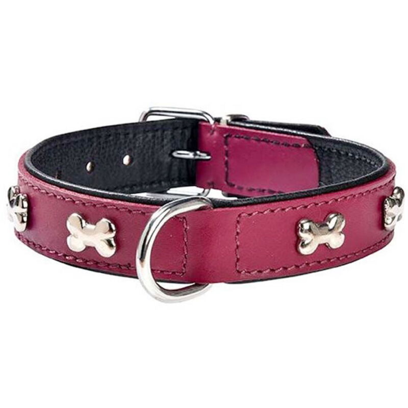 foto del prodotto collare in pelle fucsia con lucidi ossi nichelati modello extra souple per cani collare fucsia 35 1,80 cm