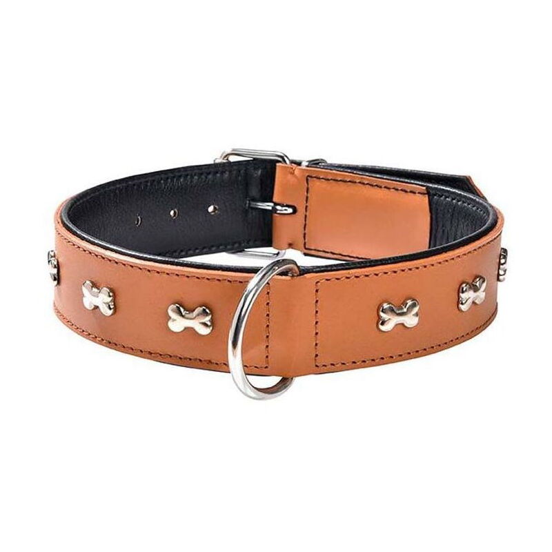 foto del prodotto collare in pelle marrone con lucidi ossi nichelati modello extra souple per cani collare marrone 30 1,80 cm