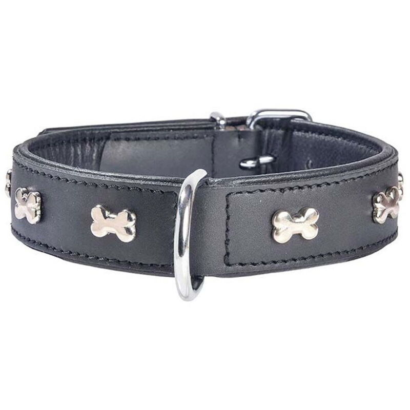 foto del prodotto collare in pelle nero con lucidi ossi nichelati modello extra souple per cani collare nero 35 1,80 cm