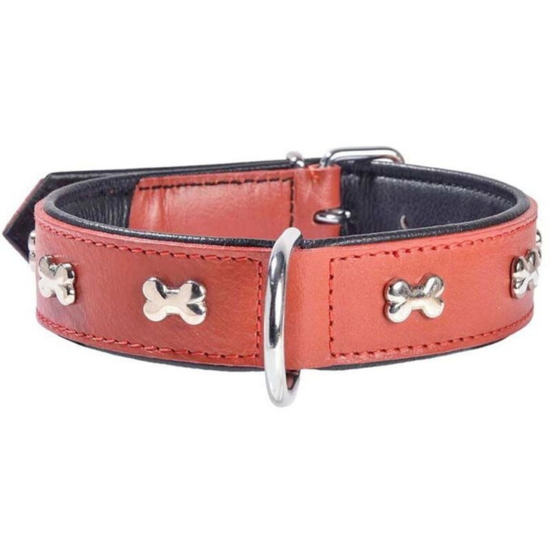 foto del prodotto collare in pelle rosso con lucidi ossi nichelati modello extra souple per cani collare rosso 30 1,80 cm