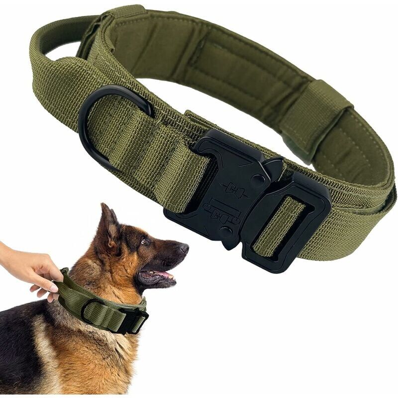 foto del prodotto collare militare per cani con impugnatura regolabile in nylon per cani di media e grande taglia con fibbia in metallo resistente, collare nero per